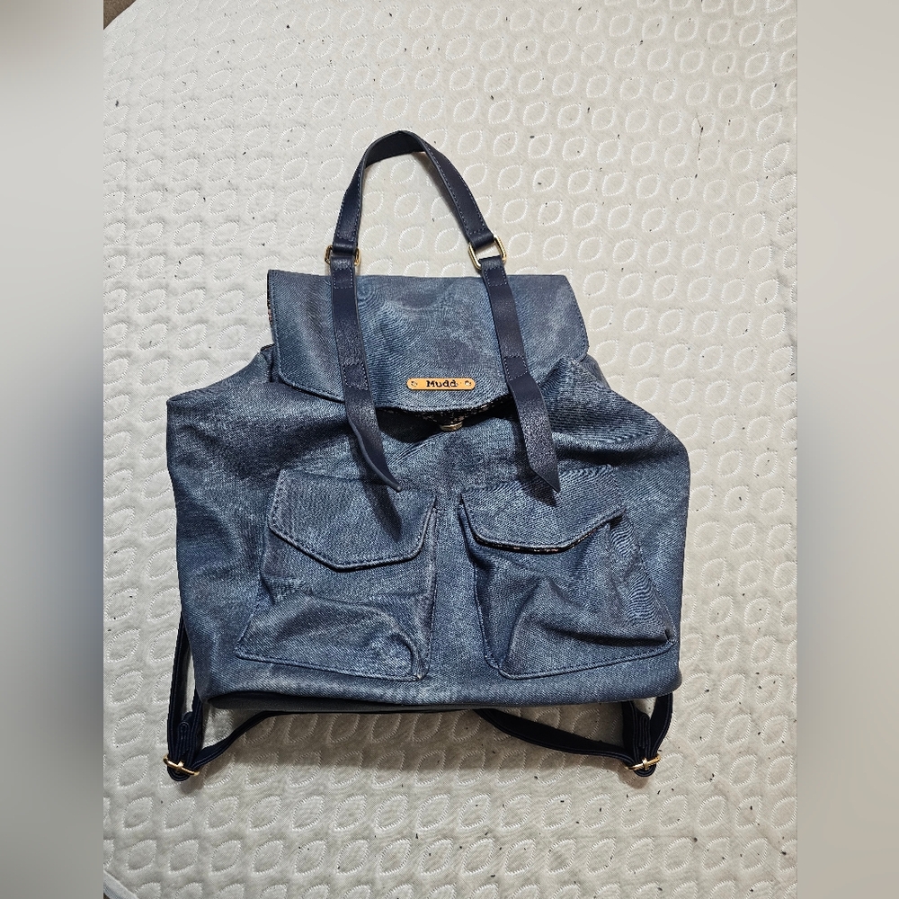 Mudd Blue Acid Wash Denim Backpack Faux Leather Trim Floral Lining Cargo Pockets